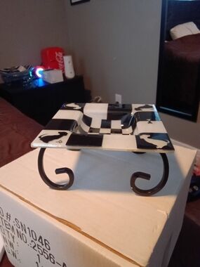 Source Unknown Black and White Checkered Decorative Dish with Stand